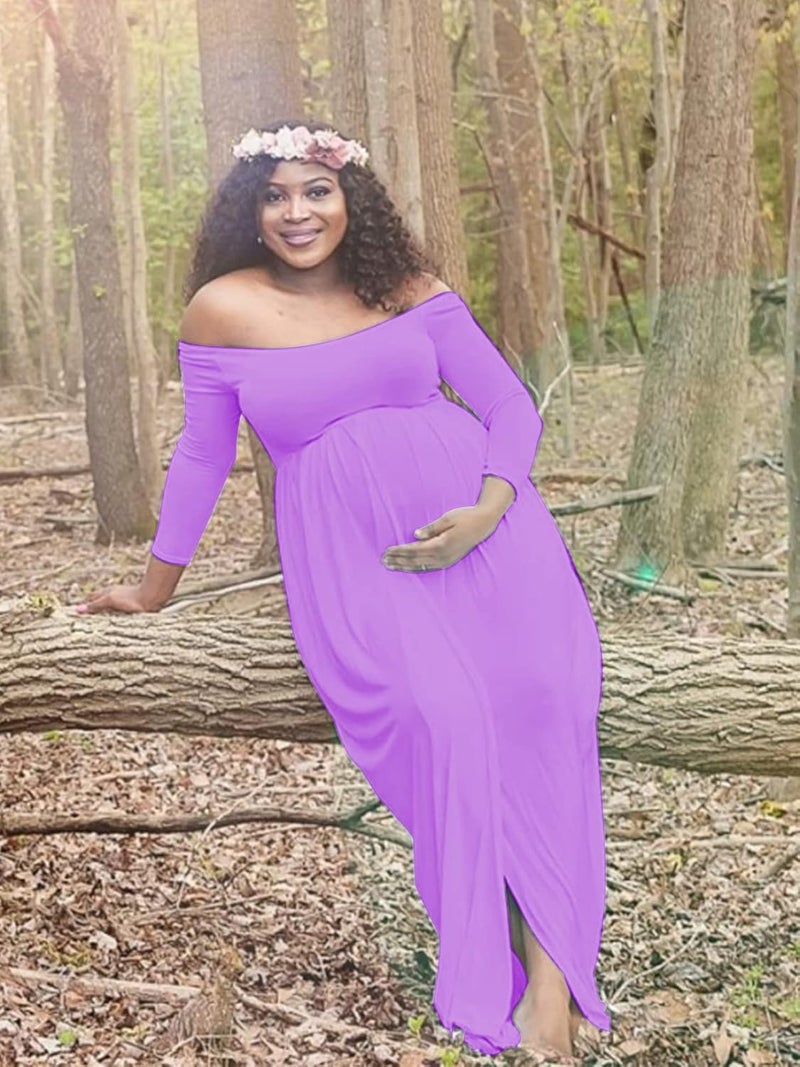 YnimioAOX Women's Off Shoulder Long Sleeve Maternity Dress for Photography Chiffon Maternity Gown for Photoshoot - Image 4